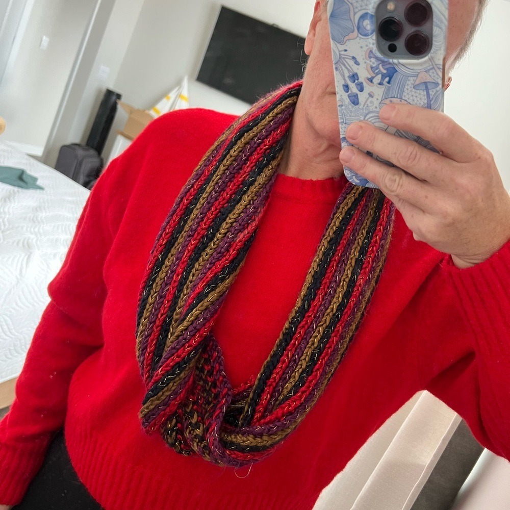 Coldwater Creek Stripe Multicolor Knit Infinity Circle Scarf Red Purple Tan‎